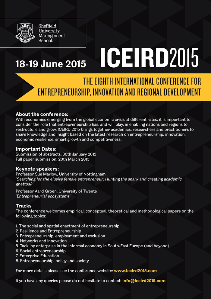 Call for Papers - 8th International Conference for Entrepreneurship, Innovation and Regional Development (ICEIRD 2015)